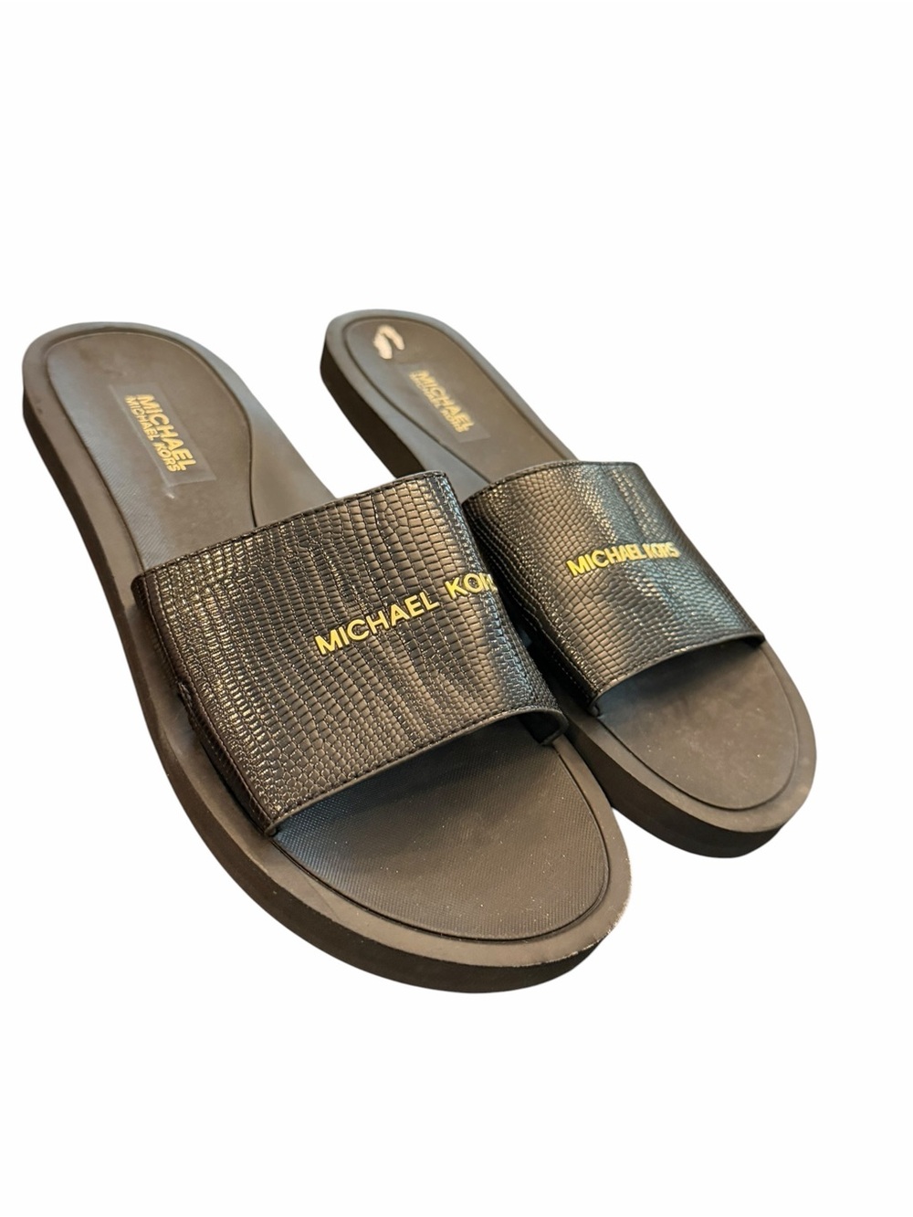 Michael Kors Ladies Eva Slide Sandals Size 7M Black Snakeskin Print Gold Logo